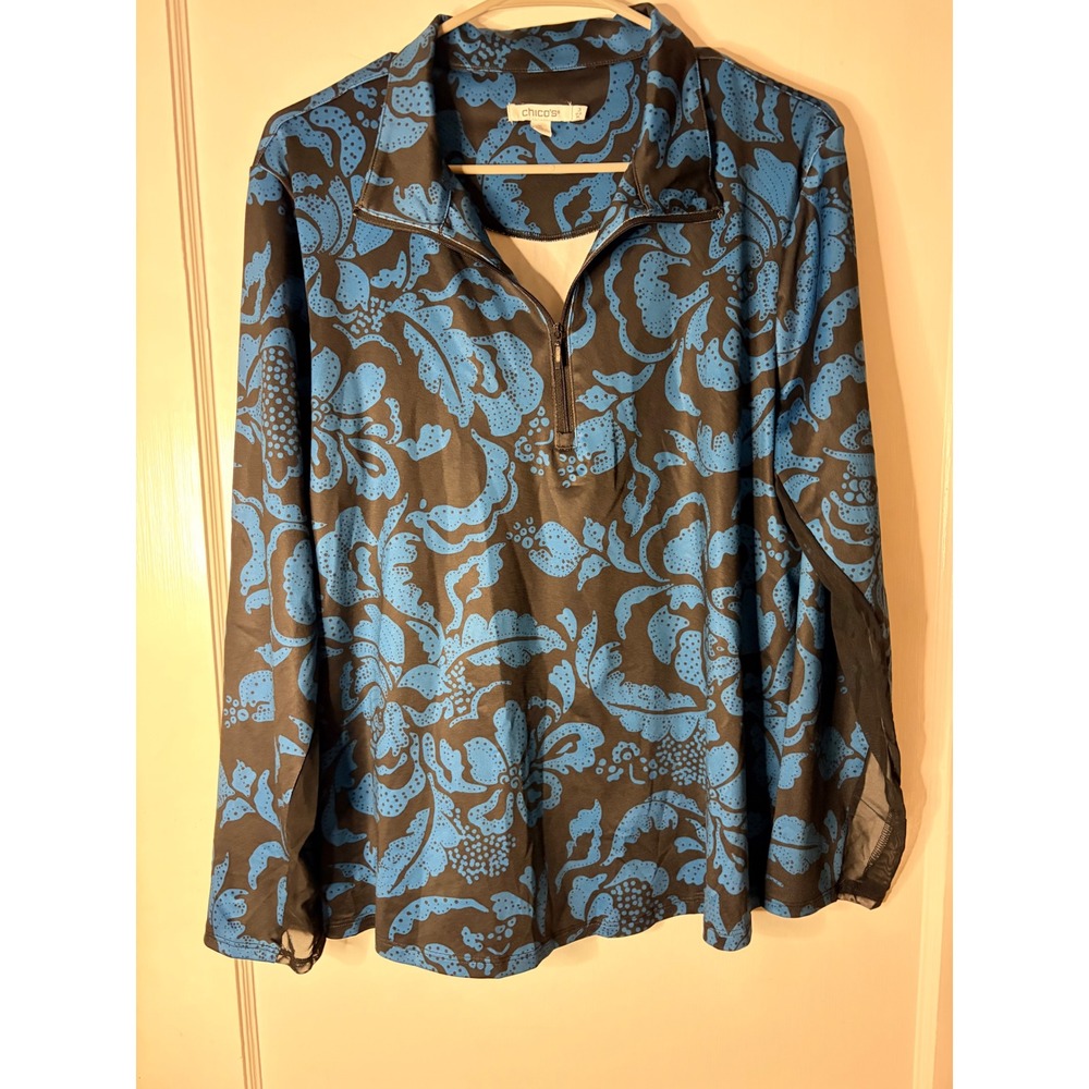 Chicos Floral Quarter Zip Pullover Blue Black Mesh Panel Mock Neck Top Size 3 XL